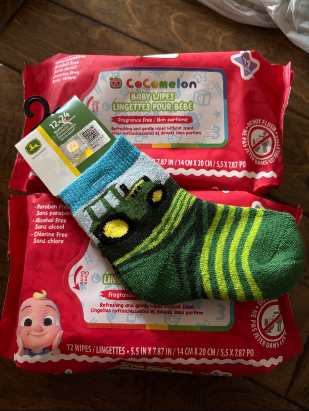 John Deere Tractor Baby/Toddler Socks - 2 packs of baby wipes